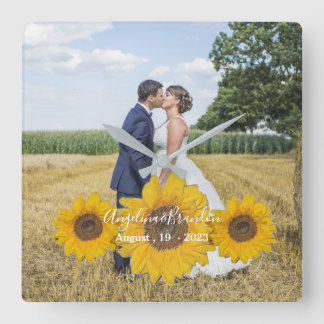 sunflower trio - your wedding photo square wall clock