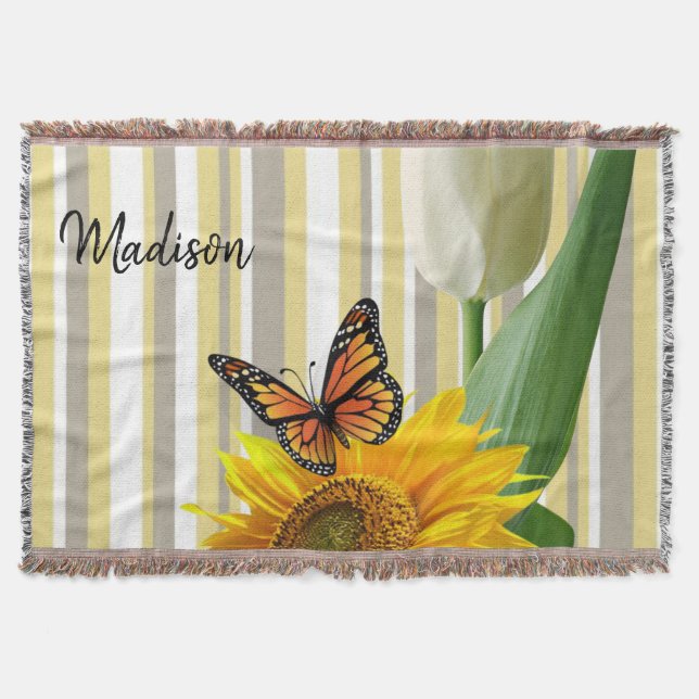 Sunflower Tulip Butterfly Throw Blanket (Front)