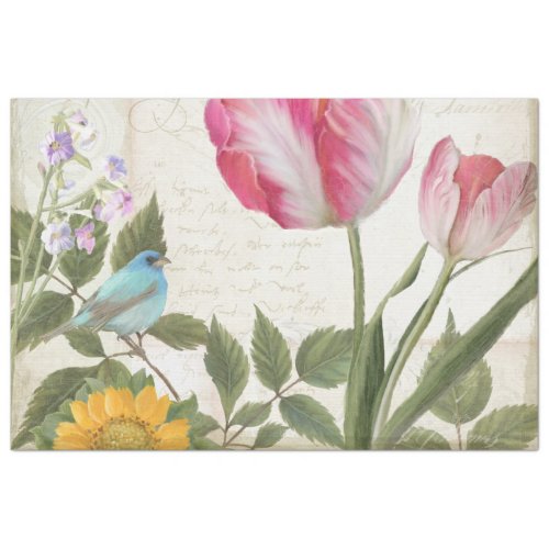 Sunflower Tulip Flowers Bird Ephemera Decoupage Tissue Paper