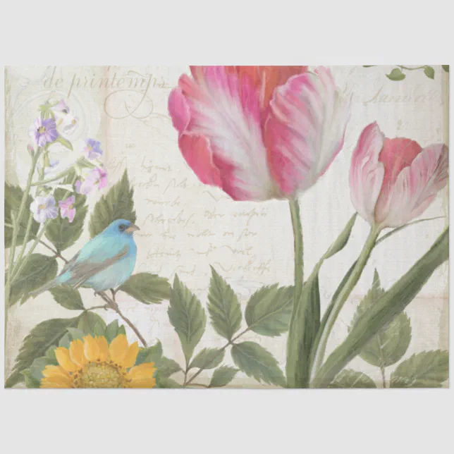 Sunflower Tulip Flowers Bird Ephemera Decoupage Tissue Paper | Zazzle