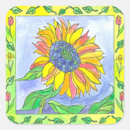 Sunflower Tulips Watercolor Flowers Illustration Square Sticker