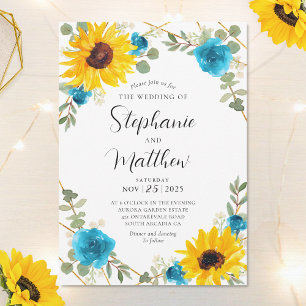Sunflower Turquoise Rose Geometric Floral Wedding Invitation