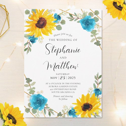 Sunflower Turquoise Rose Geometric Floral Wedding Invitation