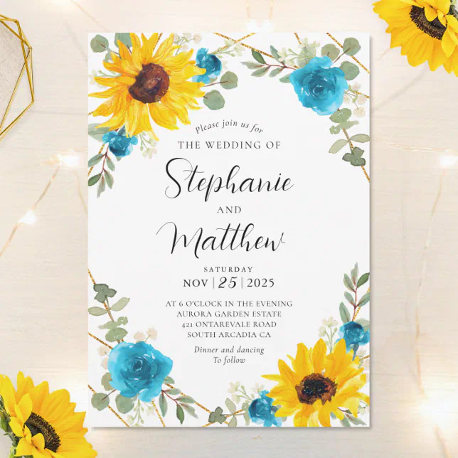 Sunflower Turquoise Rose Geometric Floral Wedding Invitation Zazzle 3985