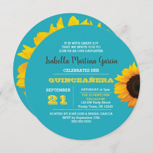 Sunflower Turquoise Round Quinceaera Invitation