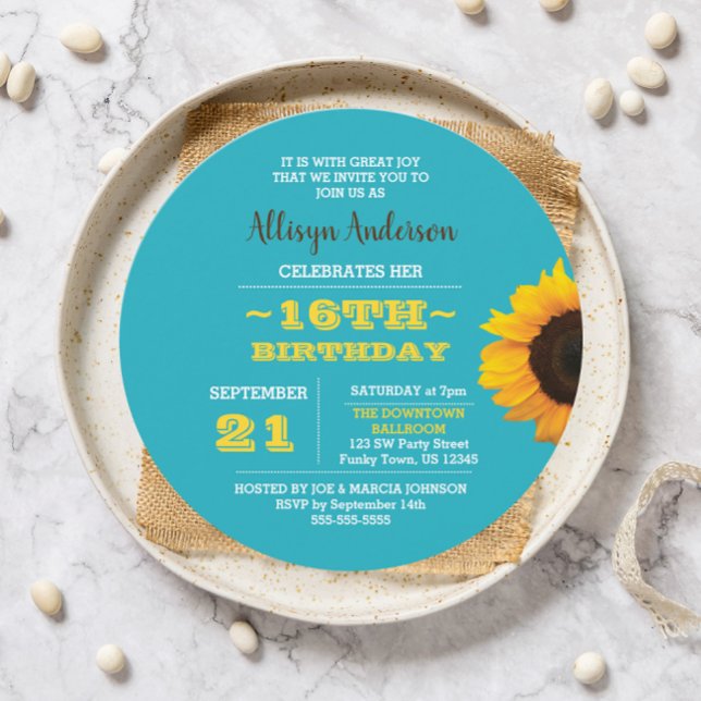 Sunflower Turquoise Round Sweet 16 Invitation (Creator Uploaded)