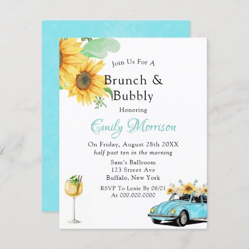 Sunflower Turquoise Vintage Car Brunch and Bubbly Invitation