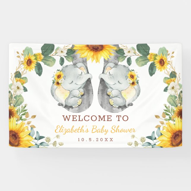 Sunflower Twin Elephant Babies Shower Backdrop Banner (Horizontal)