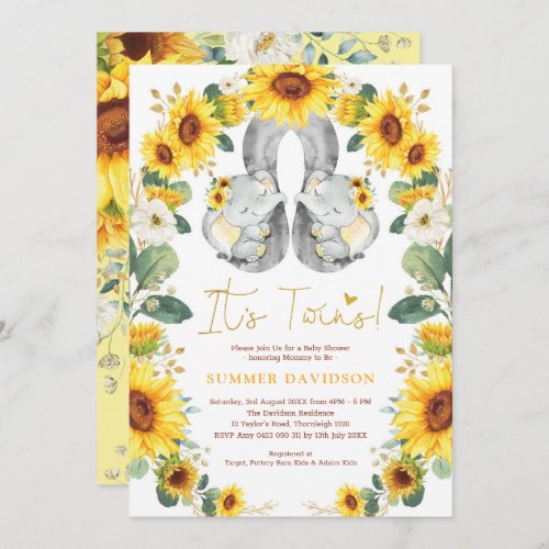 Sunflower Twin Elephant Baby Shower Yellow Floral Invitation