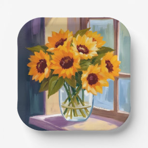 Sunflower Vase Floral Yellow Bouquet Watercolor Paper Plates