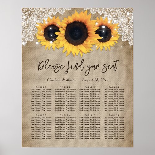 Sunflower Vintage Burlap Wedding Seating Chart 8