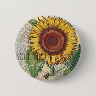 Sunflower Vintage Damask Flower Art Button