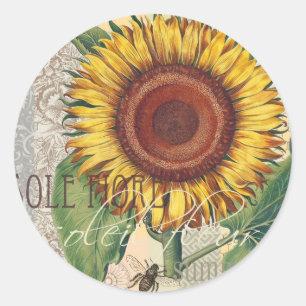 Sunflower Vintage Damask Flower Art Classic Round Sticker