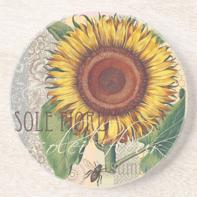 Sunflower Vintage Damask Flower Art Coaster (Front)