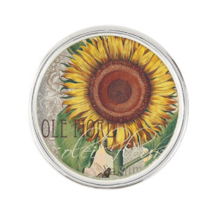 Sunflower Vintage Damask Flower Art Lapel Pin