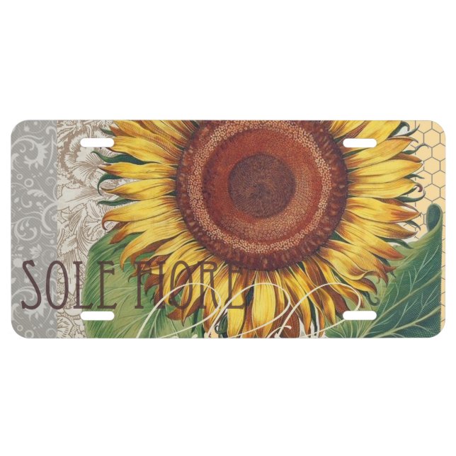 Sunflower Vintage Damask Flower Art License Plate (Front)