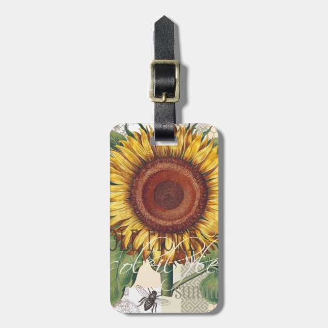 Sunflower Vintage Damask Flower Art Luggage Tag (Front Vertical)