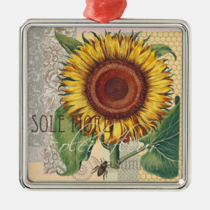 Sunflower Vintage Damask Flower Art Metal Ornament