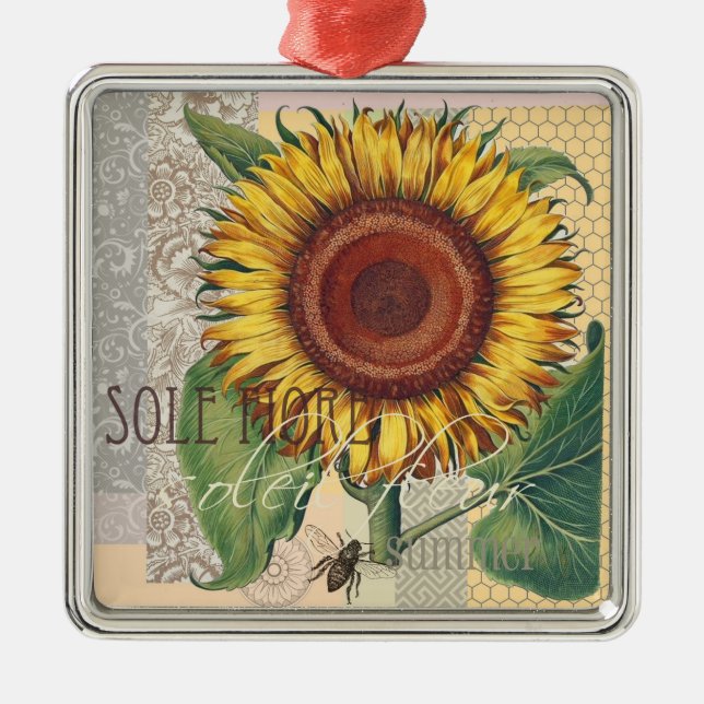 Sunflower Vintage Damask Flower Art Metal Ornament (Front)