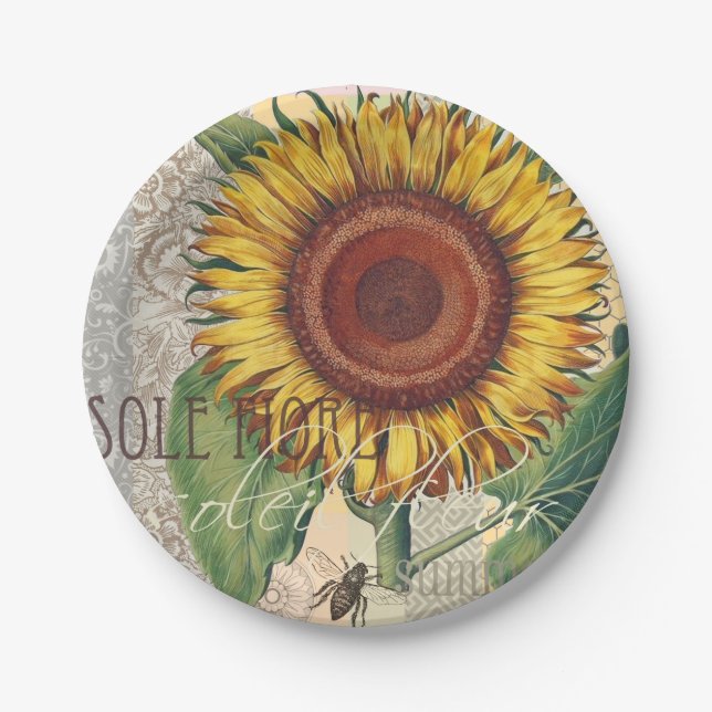 Sunflower Vintage Damask Flower Art Paper Plates (Front)