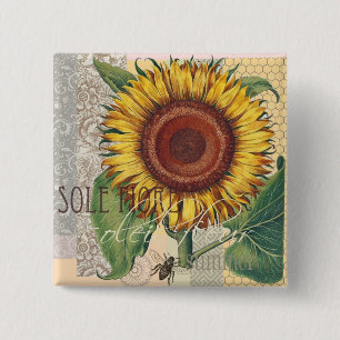 Sunflower Vintage Damask Flower Art Pinback Button