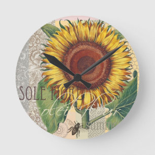 Sunflower Vintage Damask Flower Art Round Clock