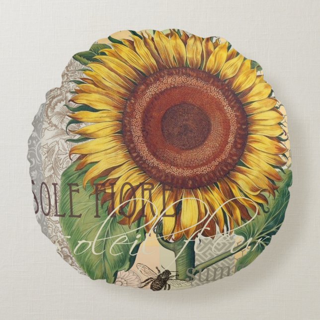 Sunflower Vintage Damask Flower Art Round Pillow (Front)