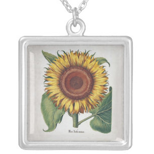 Sunflower Vintage Damask Flower Art Silver Plated Necklace