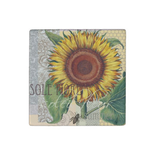 Sunflower Vintage Damask Flower Art Stone Magnet