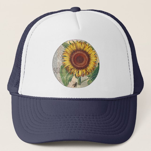 Sunflower Vintage Damask Flower Art Trucker Hat (Front)