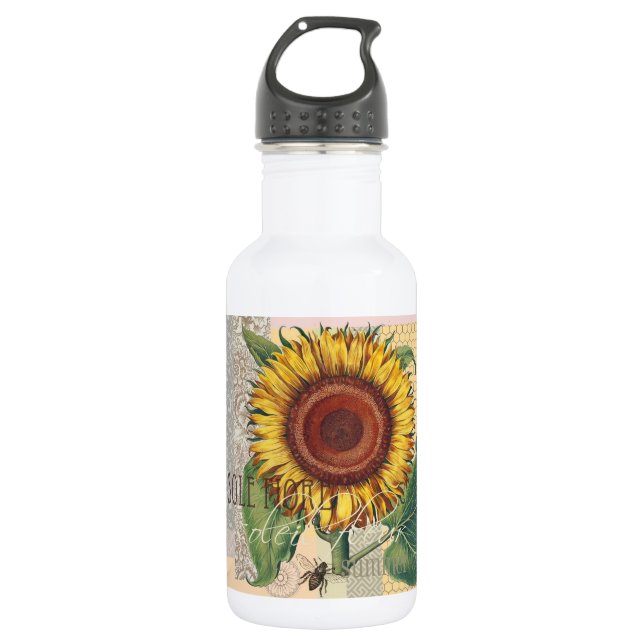 Sunflower Vintage Damask Flower Art Water Bottle (Front)