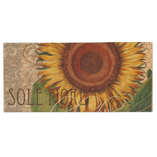 Sunflower Vintage Damask Flower Art Wood USB Flash Drive