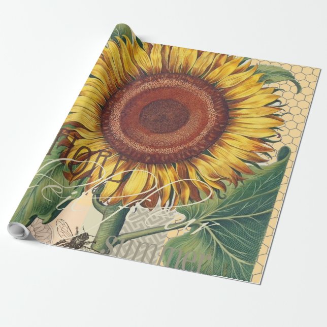 Sunflower Vintage Damask Flower Art Wrapping Paper (Unrolled)