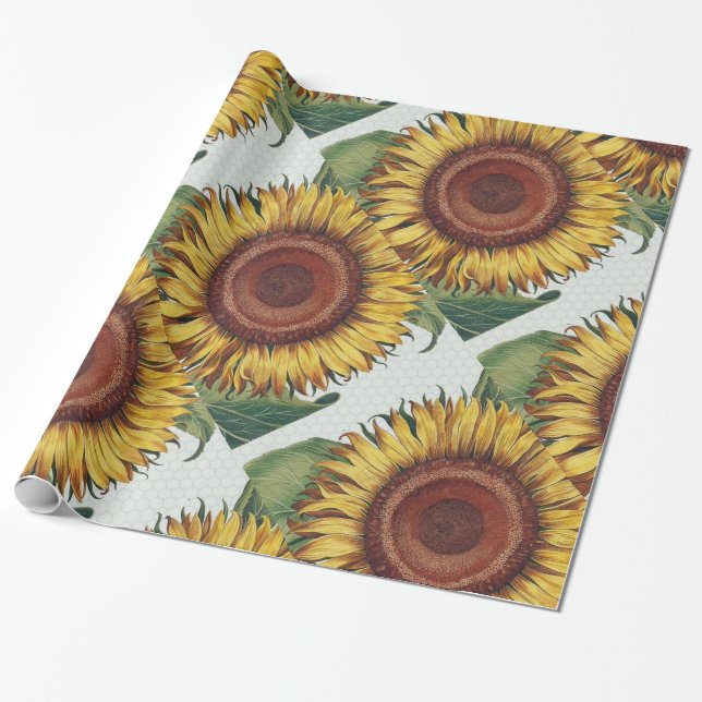 Sunflower Vintage Damask Flower Art Wrapping Paper (Unrolled)