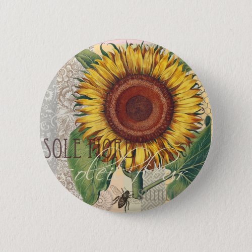 Sunflower Vintage Damask Flower Pattern Art Button