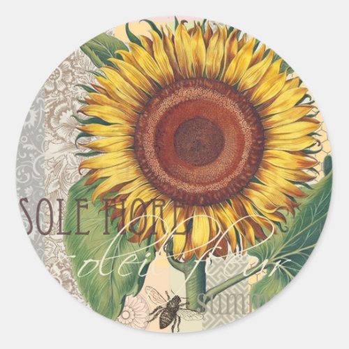 Sunflower Vintage Damask Flower Pattern Art Classic Round Sticker