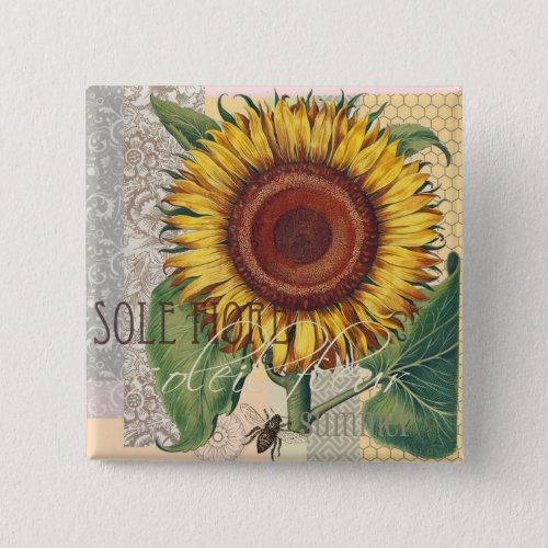 Sunflower Vintage Damask Flower Pattern Art Pinback Button
