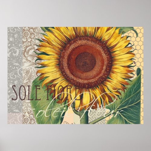 Sunflower Vintage Damask Flower Pattern Art Poster