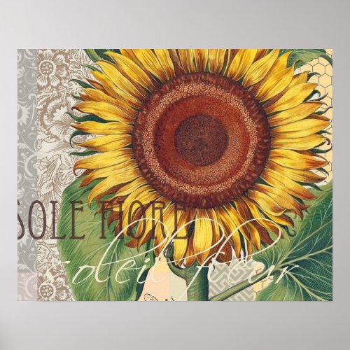 Sunflower Vintage Damask Flower Pattern Art Poster