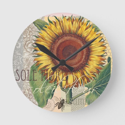 Sunflower Vintage Damask Flower Pattern Art Round Clock