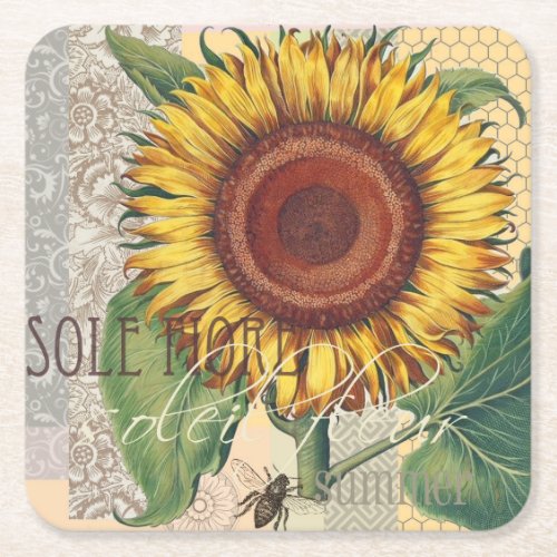 Sunflower Vintage Damask Flower Pattern Art Square Paper Coaster