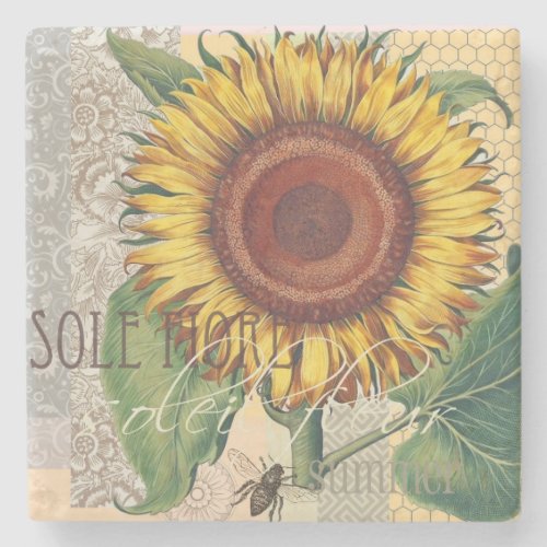 Sunflower Vintage Damask Flower Pattern Art Stone Coaster