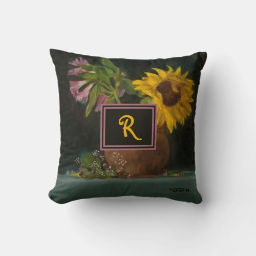 Sunflower Vintage Still Life Monogram Fine Art Throw Pillow