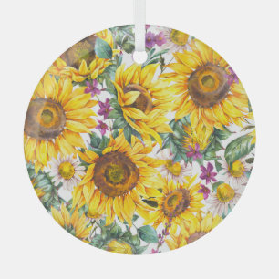 Sunflower Vintage: Summer Yellow Bloom. Glass Ornament