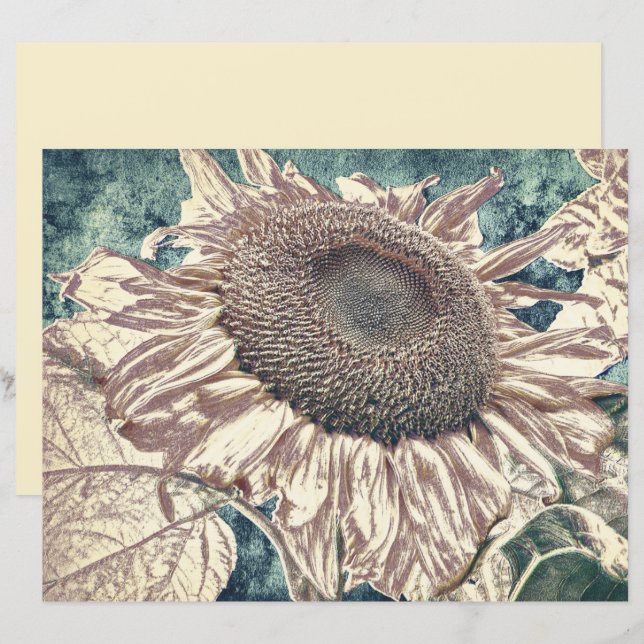 Sunflower Vintage Teal Sepia Floral Decoupage Art  (Front/Back)