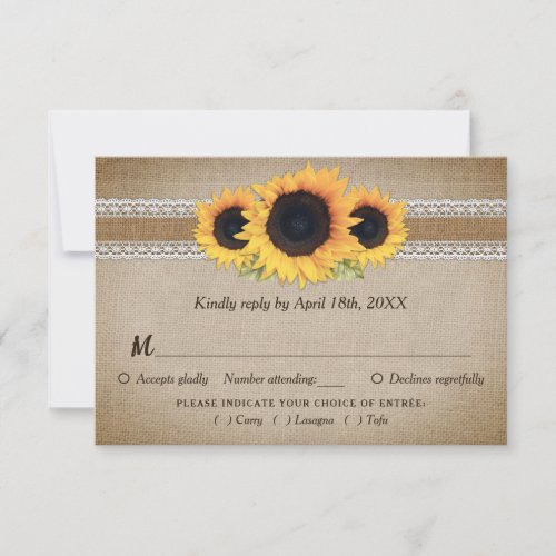 Sunflower Vintage Wedding RSVP Card Meal Choice