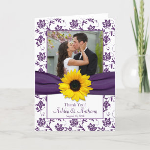 Sunflower Violet Damask Wedding Thank You Card