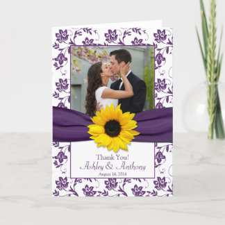 Sunflower Violet Damask Wedding Thank You Card