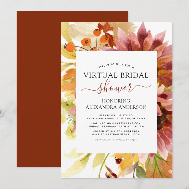 Sunflower Virtual Bridal Shower Burgundy Floral Invitation (Front/Back)