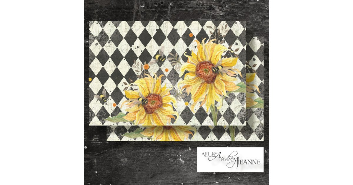Sunflower w Bees Black Ephemera Decoupage Right Tissue Paper | Zazzle